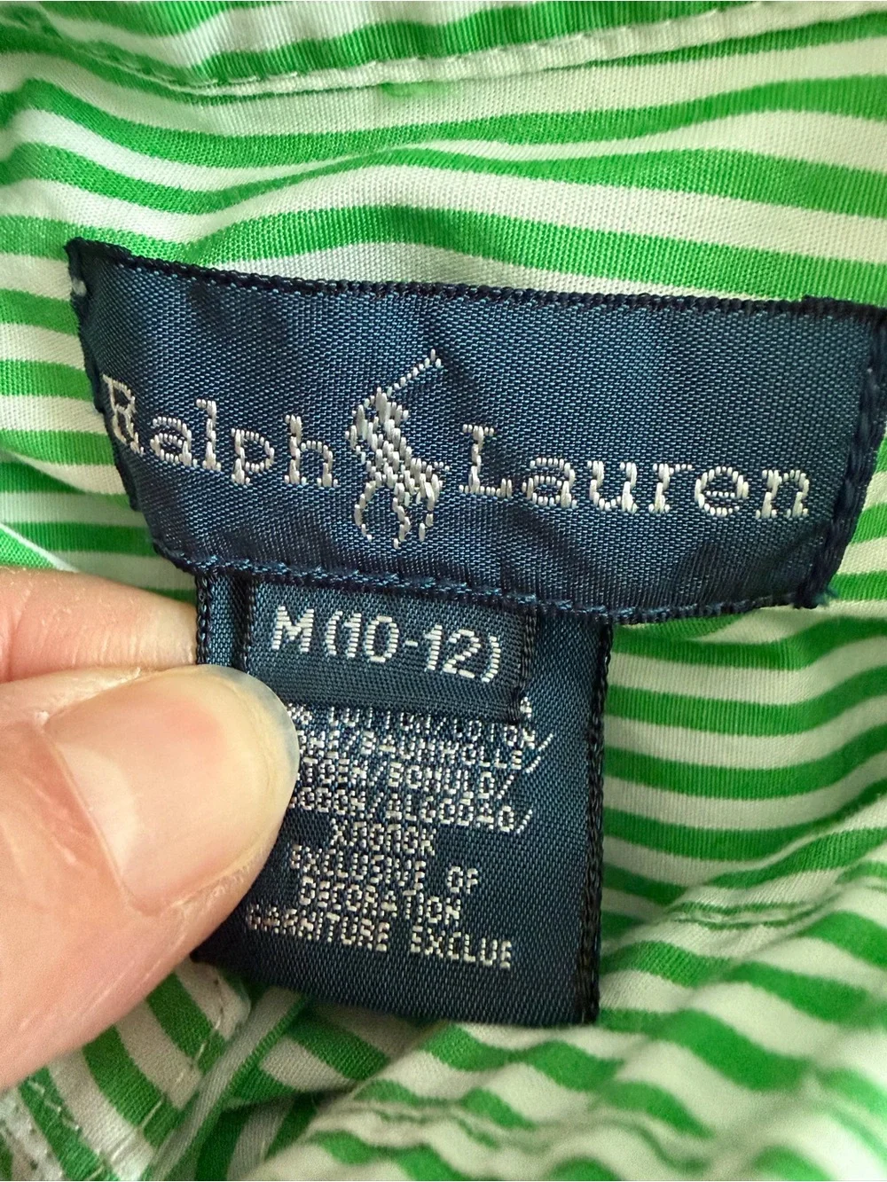 Ralph Lauren Boys Sz M 10-12 Long Sleeve Green / White Stripe Shirt Button Down